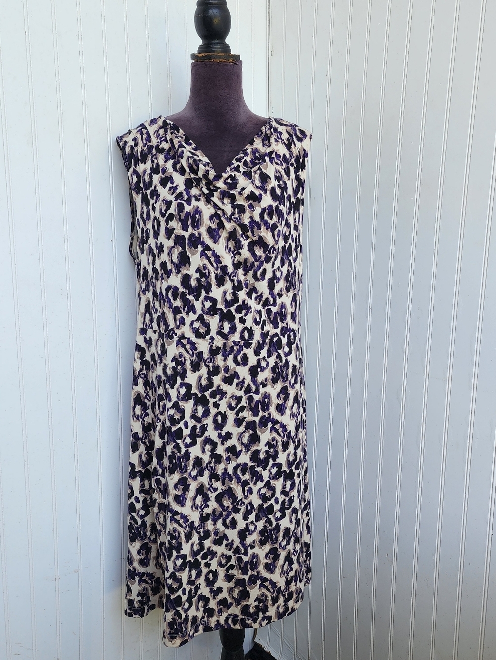 Ann Taylor Leopard Print Side Zip Dress Size Purple Tan Stretch Rayon Sz 14